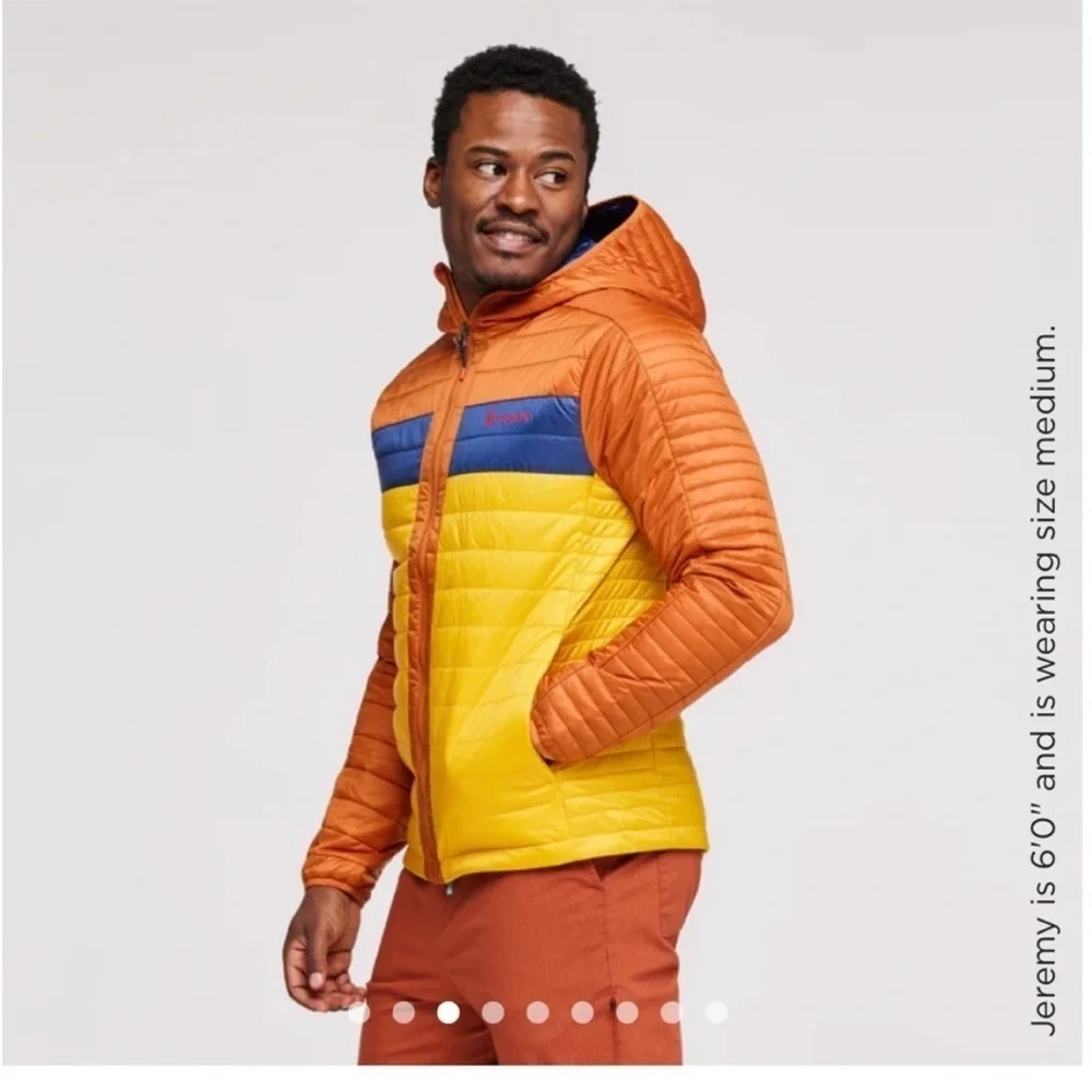 Cotopaxi Men's XL Capa Insulated Hooded Jacket Yellow Orange Mezcal NWT Puff